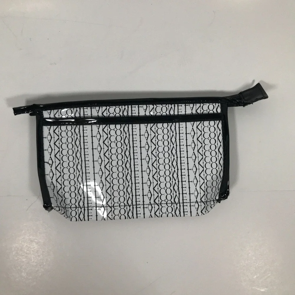Lancome Paris Cosmetic Bag Set Black White Grid Logo Makeup Travel Pouches 2pc